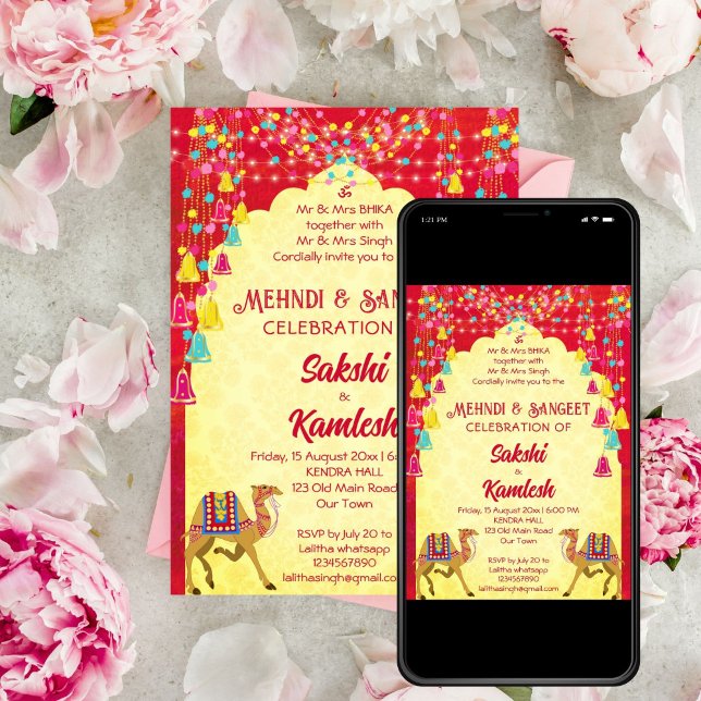 Convite Mehndi casamento indiano Rajasthani camels modelo (Mehndi Sangeet Indian wedding Rajasthani camels editable template invitation digital download)