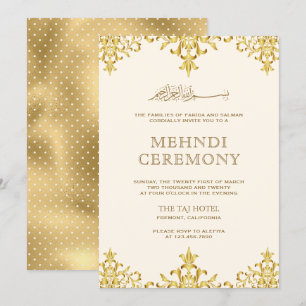 Convite Mehndi de Noiva Islâmica Damasco Folha Dourada Cre