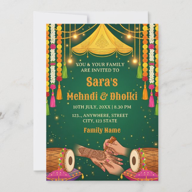 Convite Mehndi & Dholki Night Invitation Template (Frente)