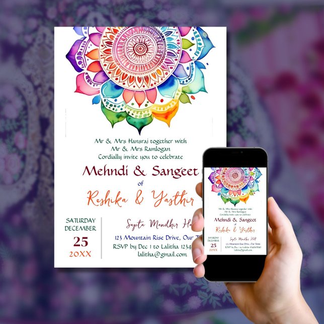 Convite Mehndi e Sangeet colorida mandala modelo (Mehndi and Sangeet colorful mandala editable template invitation digital download Indian wedding )