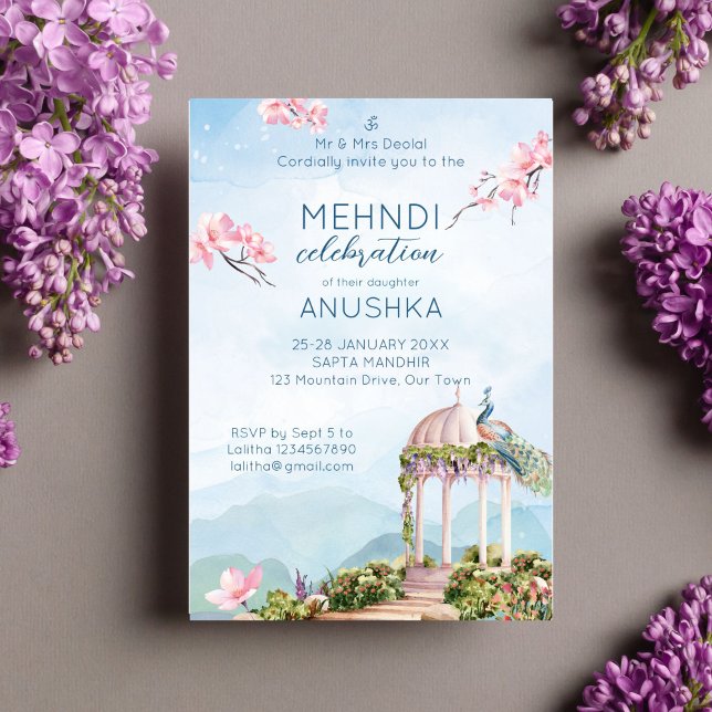 Convite Mehndi Indian Wedock Pavão Dourado (Mehndi Indian wedding template invitation instant digital download peacock dusty blue pink blooms)