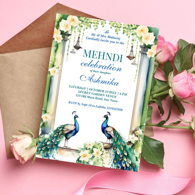 Convite Mehndi modelo do casamento indiano de Peacock e ja (Mehndi peacock jasmine Indian wedding template invitation instant digital download peacocks gajra)