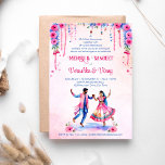 Convite Mehndi Sangeet, casal rosa-noiva indiana<br><div class="desc">Mehndi Sangeet India nativa dançando desenho em casal de noiva indiana,  cor-de-rosa e flores azuis,  editável convite para modelo instantaneamente baixar a moderna aquarela.</div>