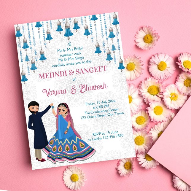Convite Mehndi sangeet convida a dançar um casal indiano g (Mehndi sangeet editable template invitation digital download blue silver dancing cute Indian couple)