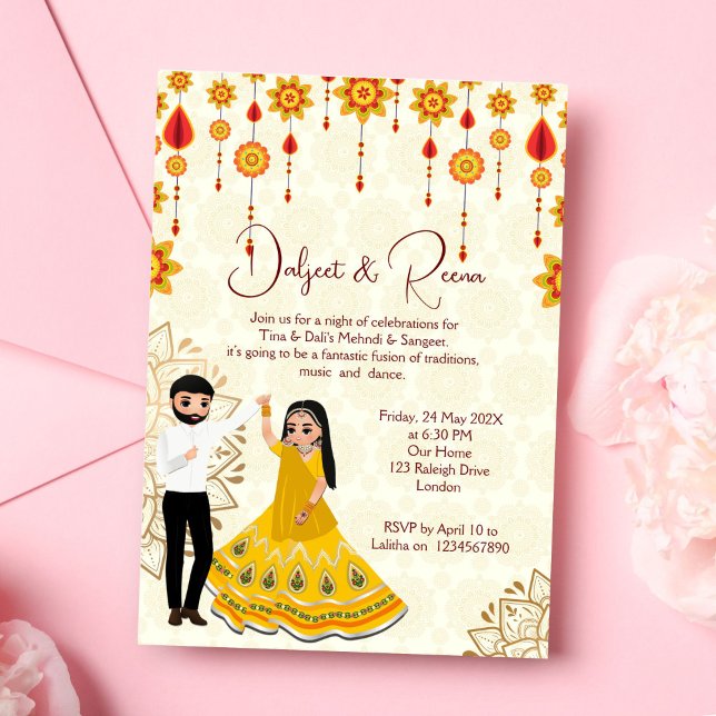 Convite Mehndi sangeet convida a dançar um casal indiano g (Mehndi and sangeet invitation editable template digital  dancing cute Indian couple caricature )