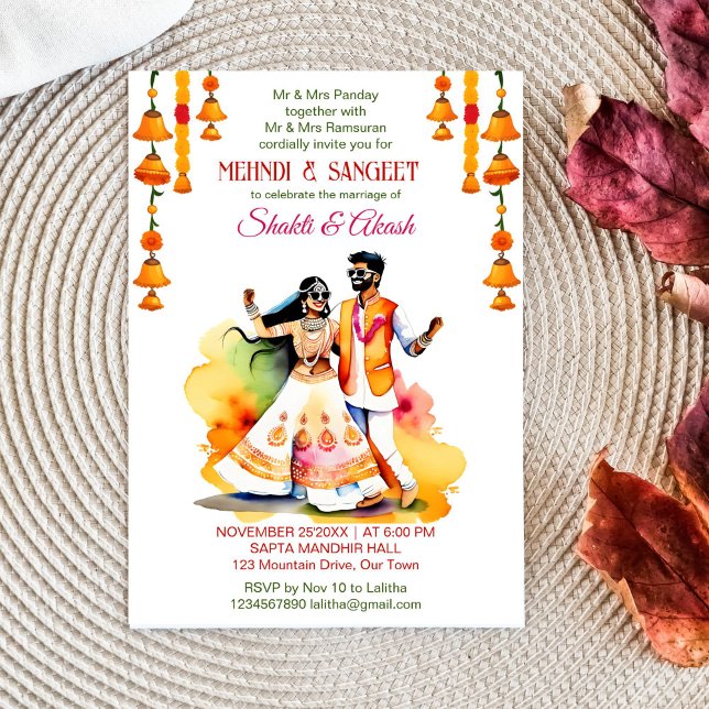 Convite Mehndi Sangeet dançando casal de noiva indiana mod (Mehndi and sangeet template invitation instant download dancing Indian bridal couple modern colorful)