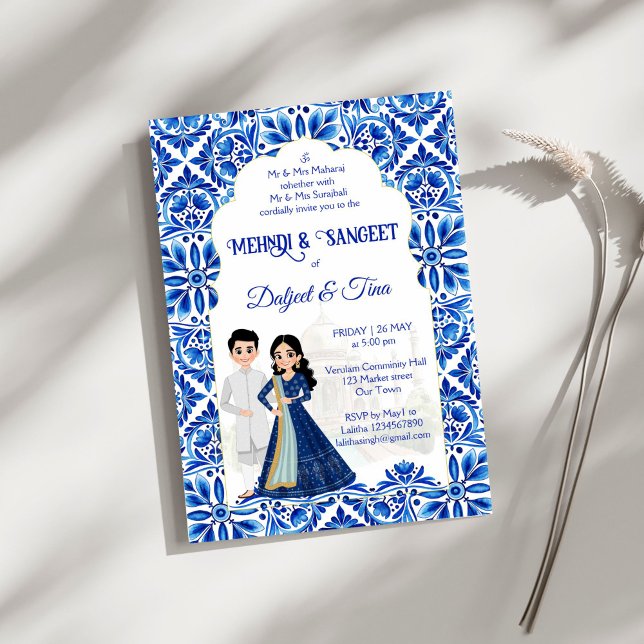 Convite Mehndi Sangeet Indiano Casado Azul (Mehndi and Sangeet Indian wedding blue and white cute bridal couple cartoon Invitation template)