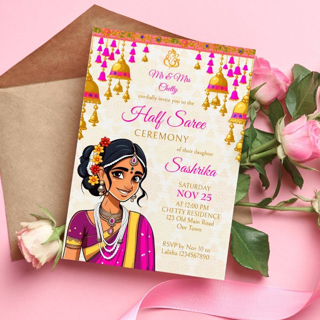 Convite Meia cerimônia de Saree, belos sinos de ouro de me (Half saree template invitation cute Indian girl in cerise and gold sari bells tassel garlands Ganesh)