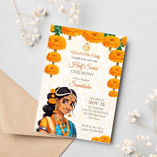 Convite Meia cerimônia de Saree, garota indiana bonitinha  (Half saree ceremony template invitation instant download cute Indian girl in traditional clothes)