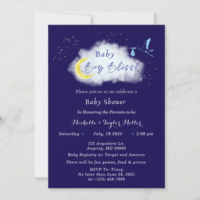 Convite Meia-noite Blue Starlit Baby Boy Stork (Frente)