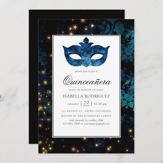 Convite Meia-noite Mascarada Damask Quinceañera (Frente/Verso)