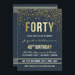 Convite Meia-noite | Partido Confetti aniversário de 40 an<br><div class="desc">Meia-noite | Convites de festas de Confetti Dourados. Este convite de aniversário formal, elegante, moderno, de quadragésimo é adequado para homens ou mulheres. Inclui linhas limpas de ouro, guião gótica em maiúsculas e na moda, e texto sofisticado de folha de ouro falso em fundo azul da meia-noite com chás de...</div>