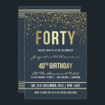 Convite Meia-noite | Partido Confetti aniversário de 40 an<br><div class="desc">Meia-noite | Convites de festas de Confetti Dourados. Este convite de aniversário formal, elegante, moderno, de quadragésimo é adequado para homens ou mulheres. Inclui linhas limpas de ouro, guião gótica em maiúsculas e na moda, e texto sofisticado de folha de ouro falso em fundo azul da meia-noite com chás de...</div>