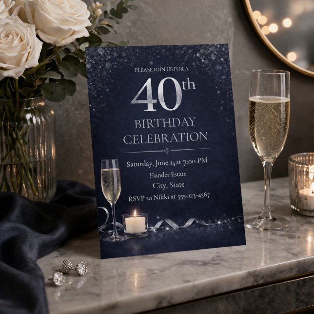 Convite Meia-Noite Prata 40º Brilho (Midnight navy and silver shimmer set the tone for a refined 40th birthday evening)