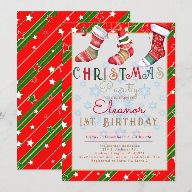 Convite Meias de Natal Aniversário de 1 ano (Frente/Verso)