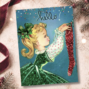 Convite Meias vermelhas de Natal vintage com brilho monogr