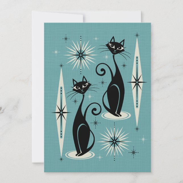 Convite Meio século mede gatos atômicos retrô em azul (Frente)