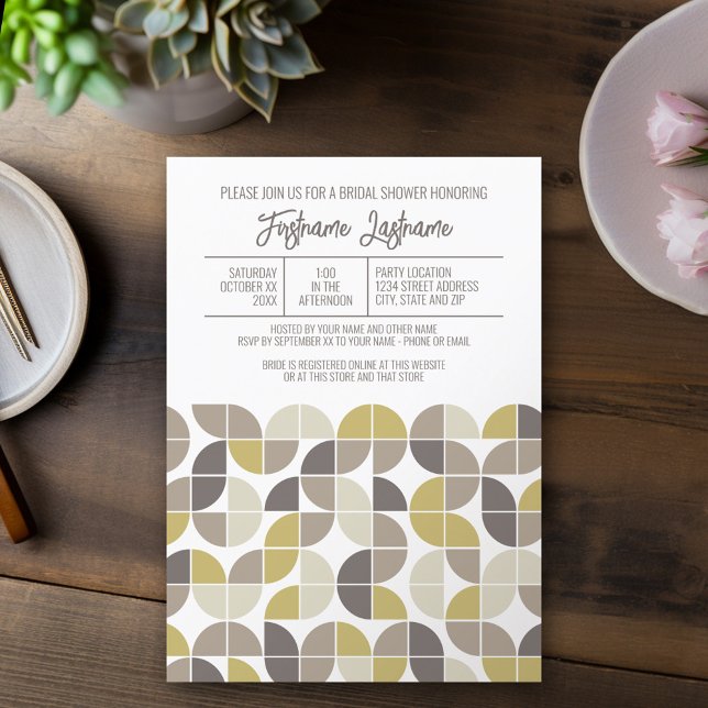 Convite Meio século Moderno Chá de panela Cinza Dourado (Mod, Modern Bridal Shower Invitation - Retro Half Moon Pattern Design)
