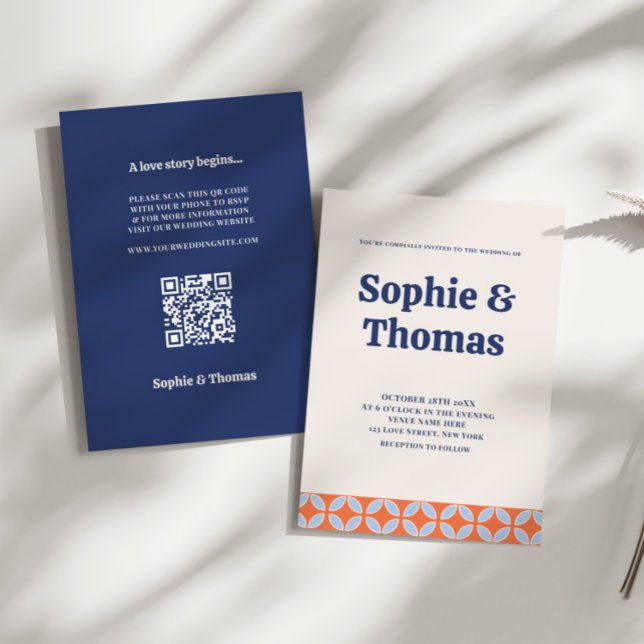 Convite Meio século Retro Wedding (Mid Century Modern Wedding Invitation Orange and Blue)