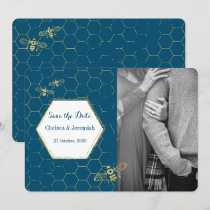 Convite Mel Bee Teal Foto personalizada Dourada Salvar a D