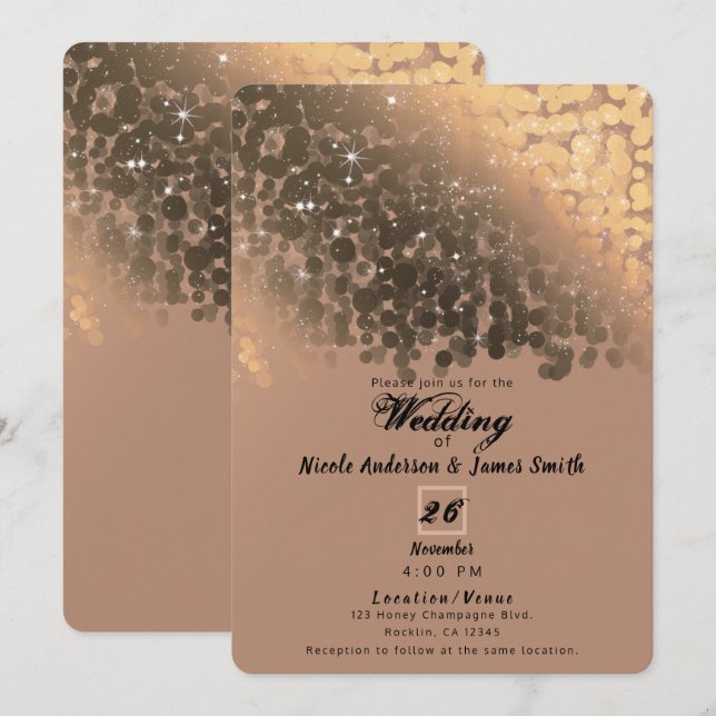 Convite Mel Bege Champanhe Dourado Brilho Casamento (Frente/Verso)