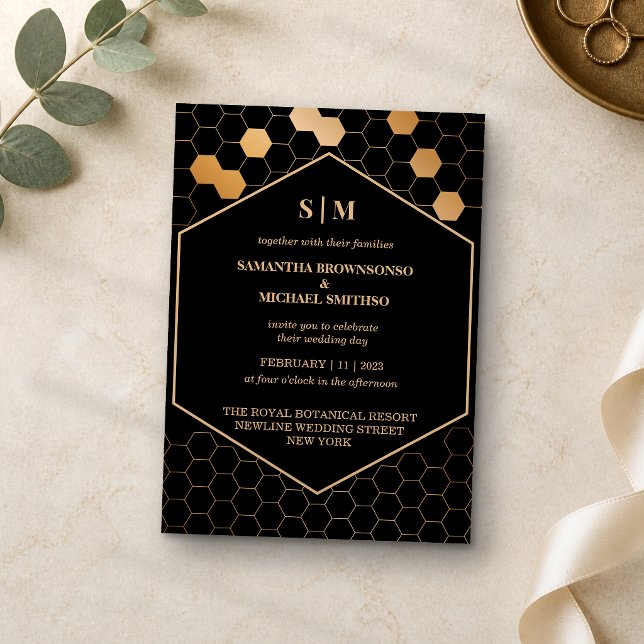 Convite Mel de favo de Ouro Negro Casamento (Criador carregado)