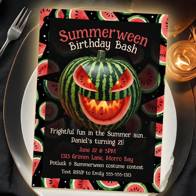 Convite Melancia de Verão, Festa de aniversário de Verão,  (Unique summer birthday party theme with summerween watermelon jack o lantern)