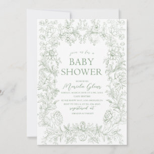 Convite Melancia elegante verde-floral chinoiserie Baby