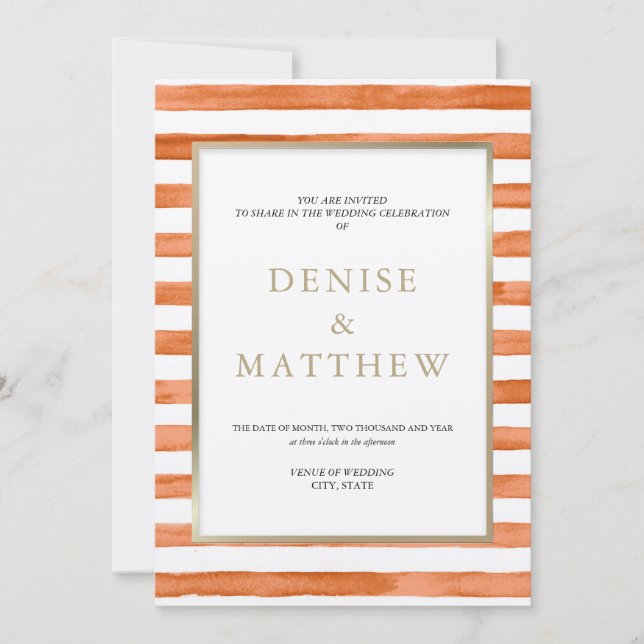 Convite Melão Watercolor Listras & Letra Dourada (Frente)