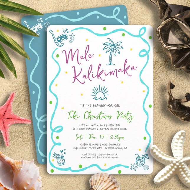 Convite Mele Kalikimaka Verde Teal Roxo Doodle Natal (Criador carregado)