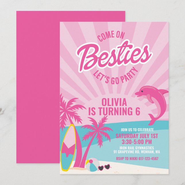 Convite Melhores amigas praia rosa malibu aniversário (Frente/Verso)