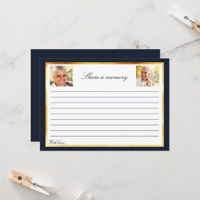 Convite Memória de foto de ouro azul marinho compartilhar  (Frente/Verso In Situ)