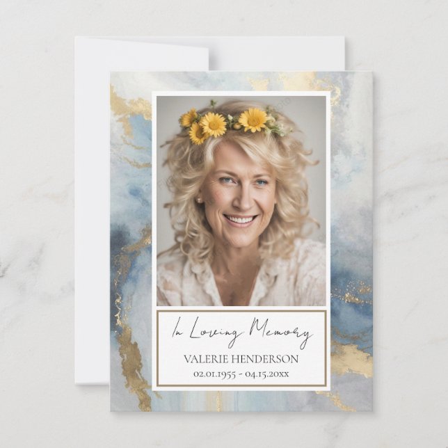 Convite Memorial Blue e Dourado Funeral Fotográfico Keepsa (Frente)