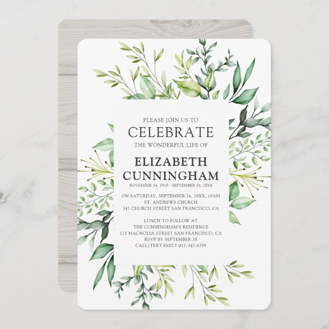 Convite Memorial de Folhagem de Cores de Água Rásticas do  (Frente/Verso)