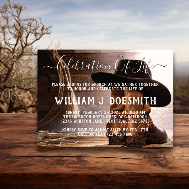 Convite Memorial do Funeral do Hemiciclo (Cowboy hat and boots memorial and funeral announcement. Simply add your event details.)