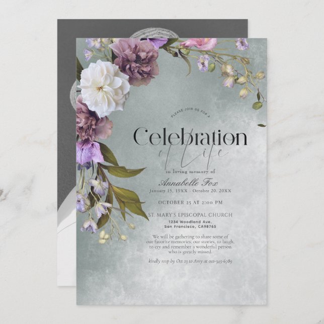 Convite Memorial do Funeral Floral Verde Elegante (Frente/Verso)