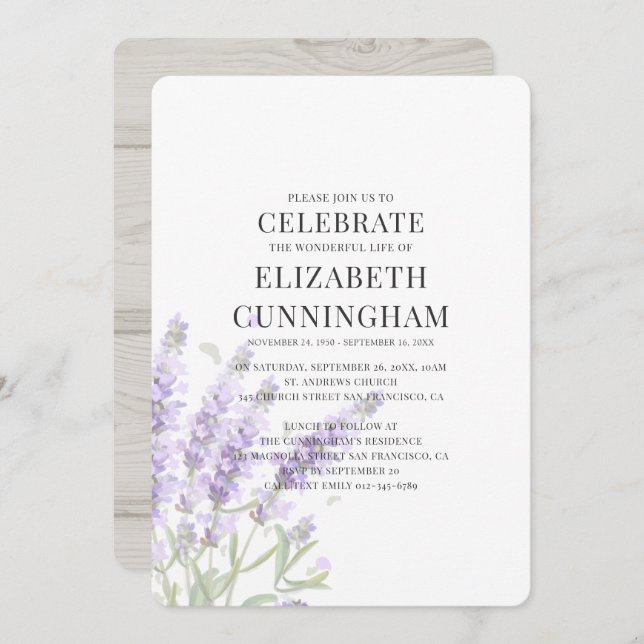 Convite Memorial Floral de Lavanda Roxa (Frente/Verso)