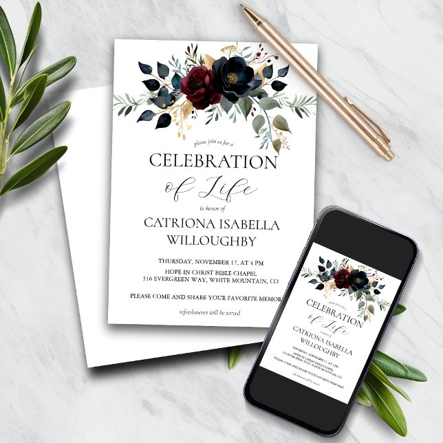 Convite Memorial Floral do Funeral do Marinho Burgundy (Criador carregado)