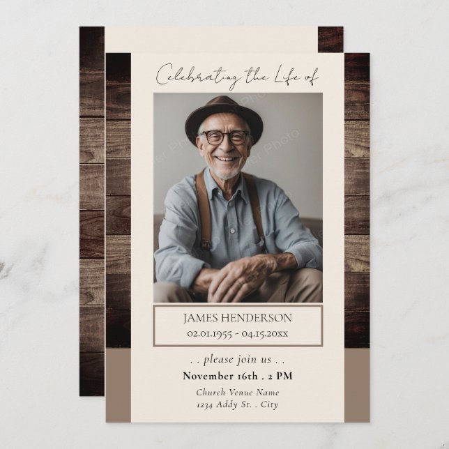 Convite Memorial Floral Rusitc Wood Foto Funeral (Frente/Verso)