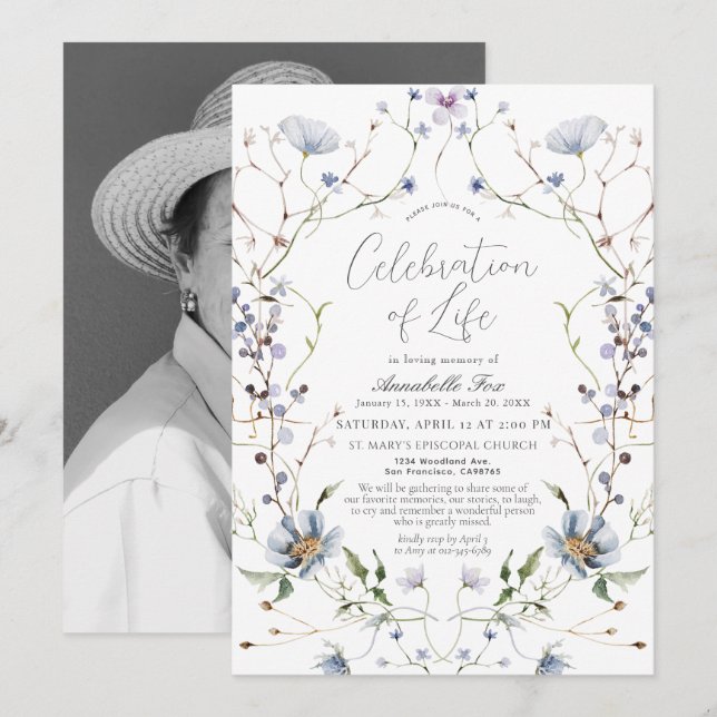 Convite Memorial Funeral Blue Wildflower (Frente/Verso)