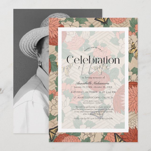 Convite Memorial Funeral de Beige Floral e Borboletas Asiá (Frente/Verso)