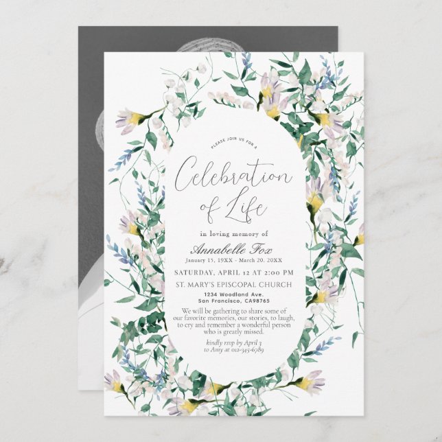 Convite Memorial Funeral de Wildflower Greenery (Frente/Verso)