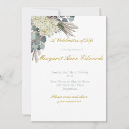 Convite Memorial Funeral Floral Azul Dourado Foto Elegante