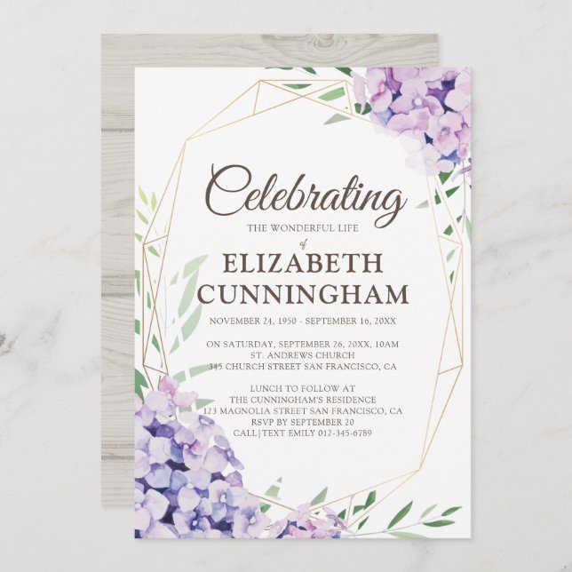 Convite Memorial Funeral Floral Flor Geométrica Woodsy (Frente/Verso)