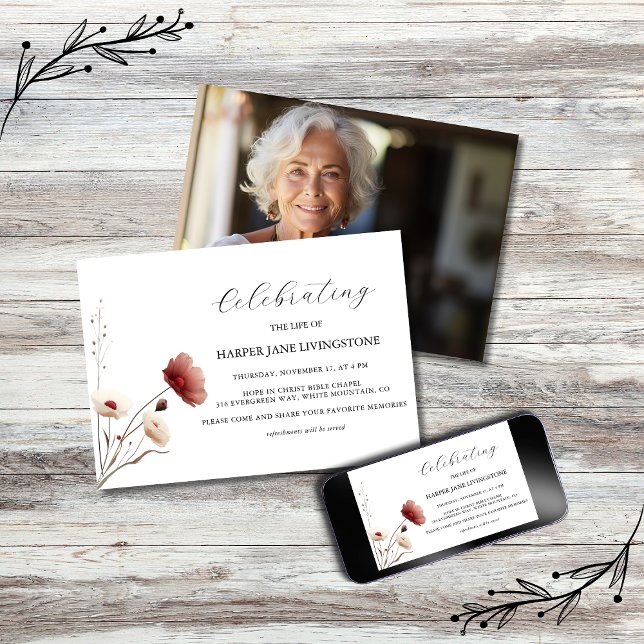 Convite Memorial Funerário de Papoila Branca e Rosa (Criador carregado)