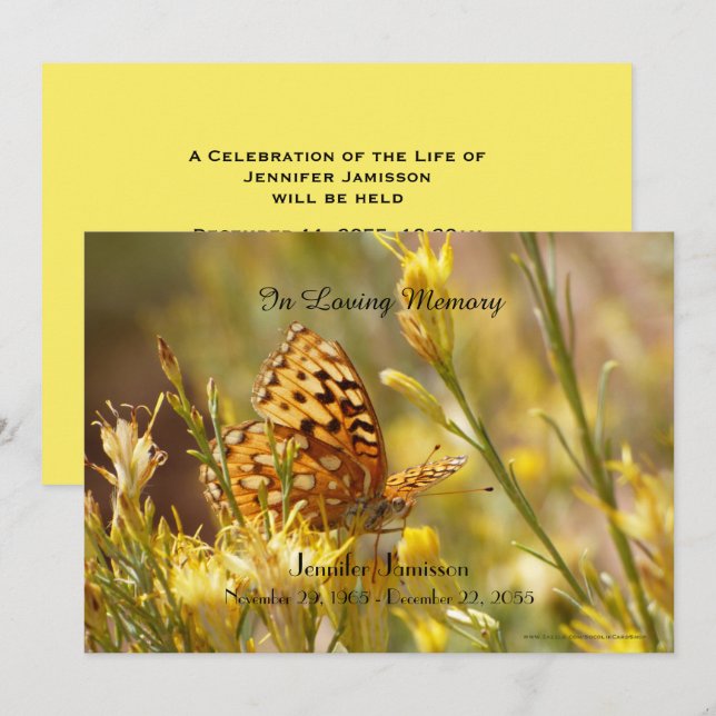 Convite Memorial Service Invitation, Yellow Butterfly (Frente/Verso)