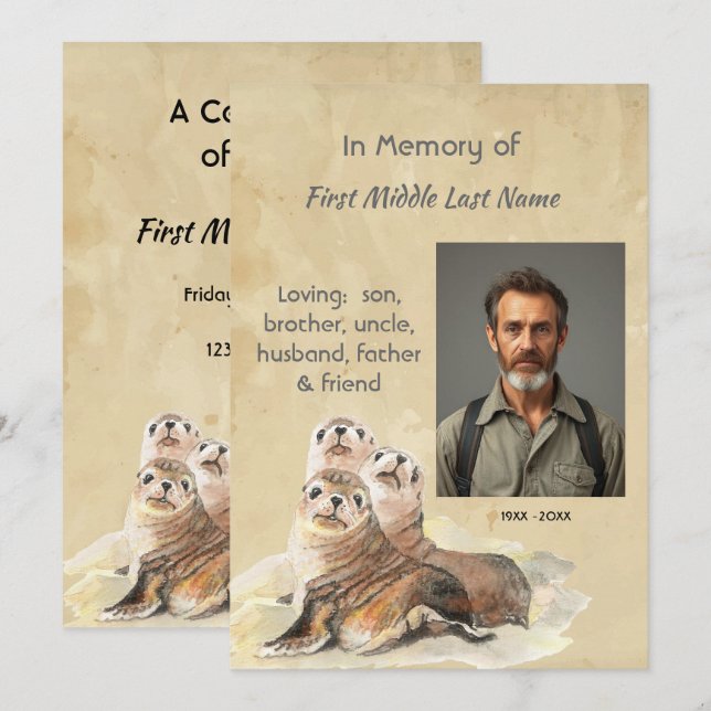Convite Memorial Service Invite Watercolor Seals Animals (Frente/Verso)