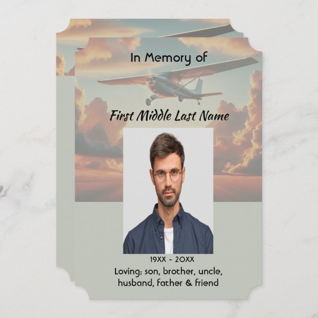 Convite Memorial Service Pilot Airplane Flying Sunset (Frente/Verso)
