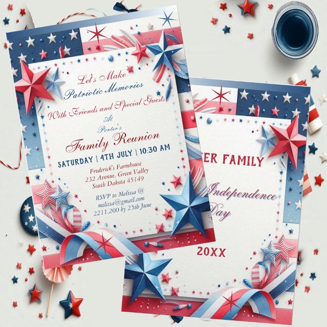 Convite Memórias Patrióticas União Familiar Estrelas e Str (Patriotic Memories Family Union Stars and Stripes Invitation)