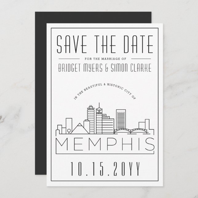 Convite Memphis Wedding | Skyline Estilizado Salvar a Data (Frente/Verso)
